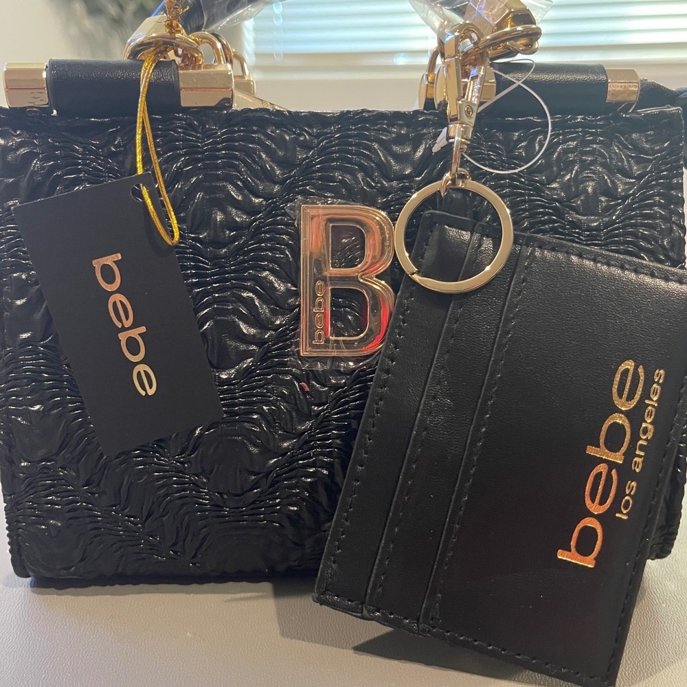 Bebe Black Purse Nola Mini Satchel Embossed Crossbody Bag with Card Holder NWT